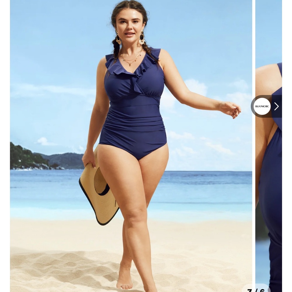 Bloomchic NEW Ruffle Trim Gathered Ruched 1 Piece Swimsuit Sculpt Waist Blue 4X - Picture 9 of 16